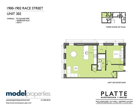 Floor plan for 1 bed, 1 bath, 725 sqft